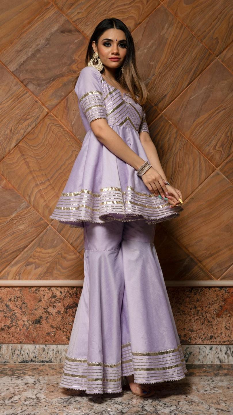 ibadat-lilac-sharara-set-11403163PR, Women Indian Ethnic Clothing, Cotton Silk Kurta Set Dupatta