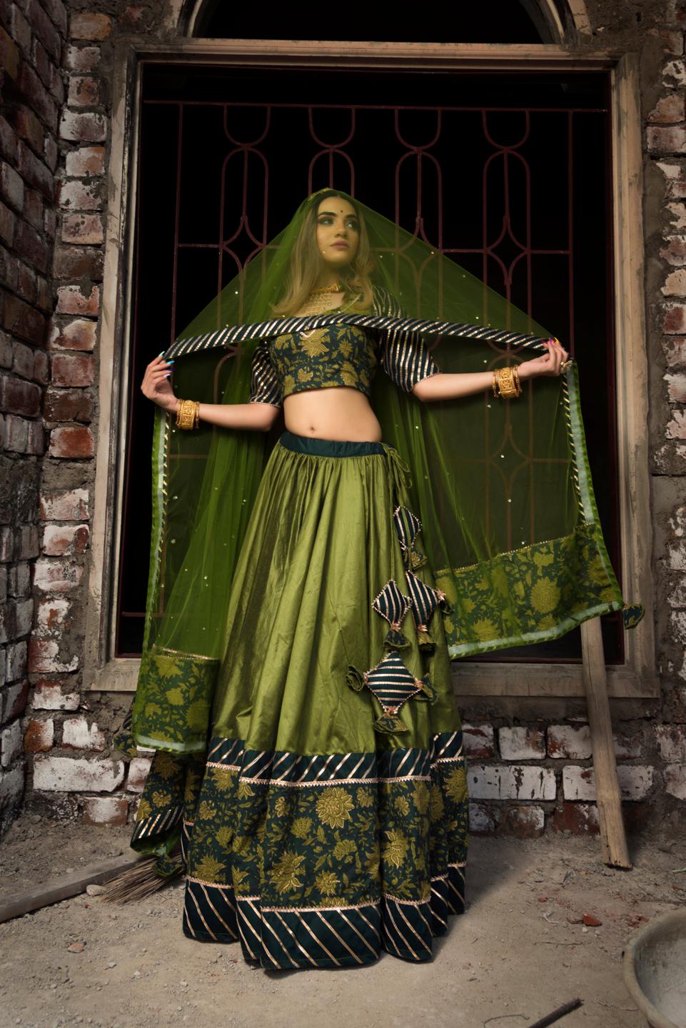 idika-green-cotton-silk-lehenga-set-11423132GR, Women Indian Ethnic Clothing, Cotton Silk Lehenga Choli
