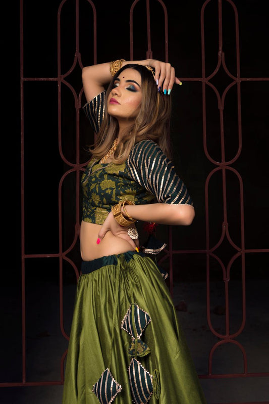 idika-green-cotton-silk-lehenga-set-11423132GR, Women Indian Ethnic Clothing, Cotton Silk Lehenga Choli