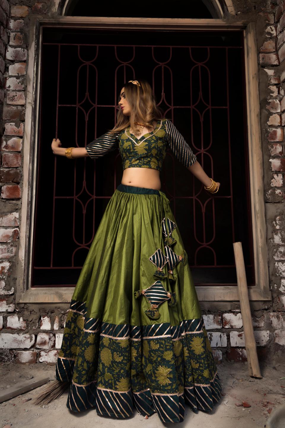 idika-green-cotton-silk-lehenga-set-11423132GR, Women Indian Ethnic Clothing, Cotton Silk Lehenga Choli