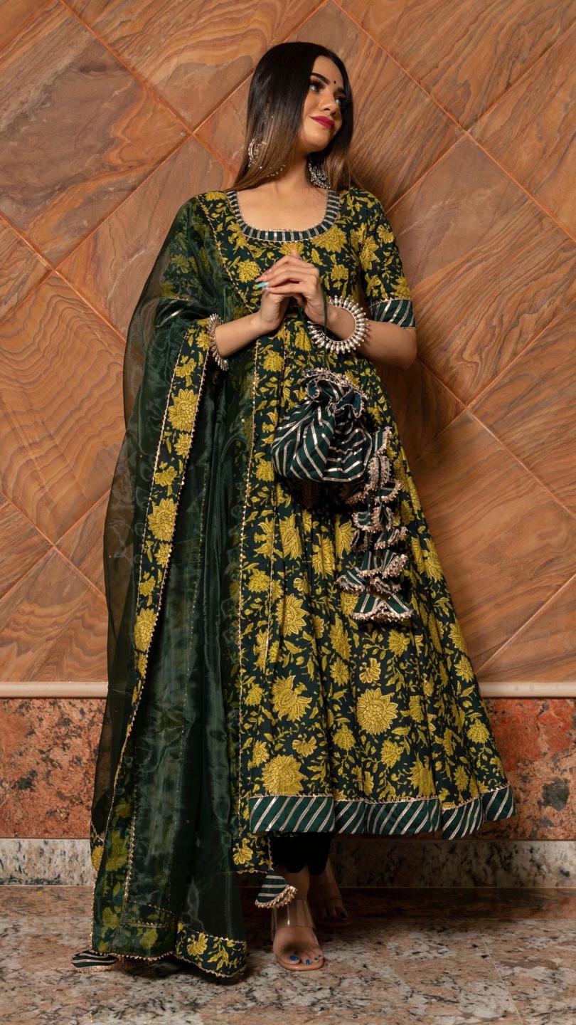 idika-green-hand-block-anarkali-set-11403167GR, Women Indian Ethnic Clothing, Cotton Kurta Set Dupatta