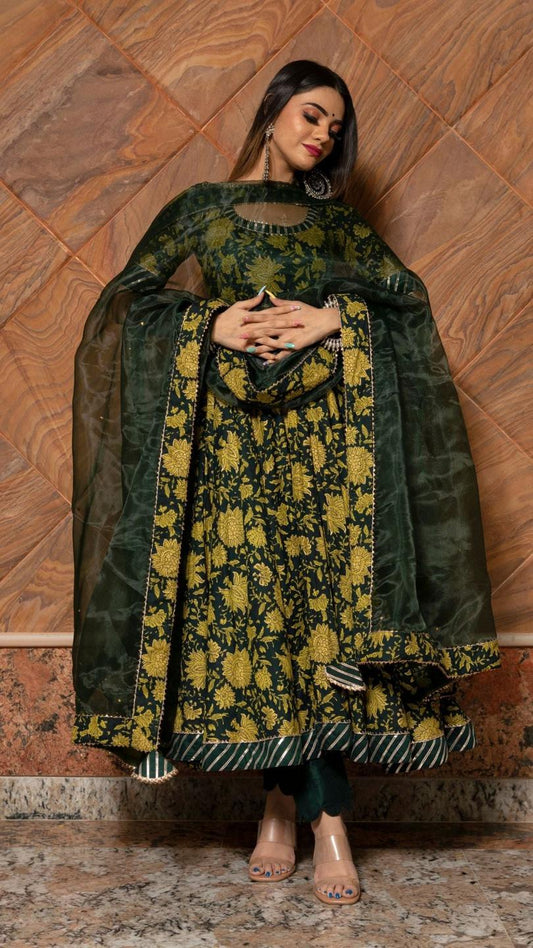 idika-green-hand-block-anarkali-set-11403167GR, Women Indian Ethnic Clothing, Cotton Kurta Set Dupatta