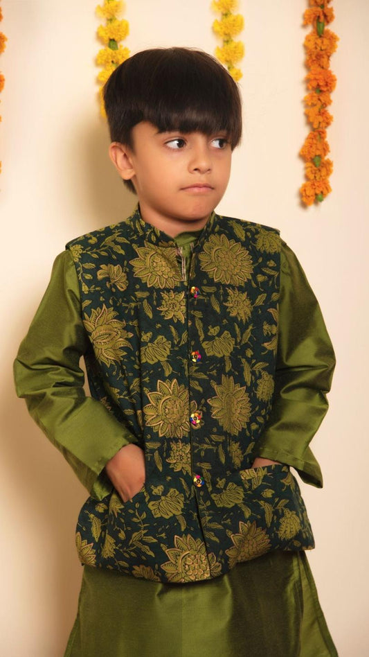 idika-green-kurta-jacket-set-11438021GR, Kids Indian Ethnic Clothing, Cotton Silk Boy Kurta Jacket Set