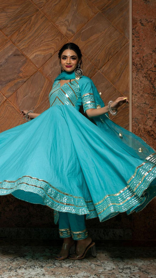 inayat-anarkali-set-11403159BL, Women Indian Ethnic Clothing, Cotton Kurta Set Dupatta