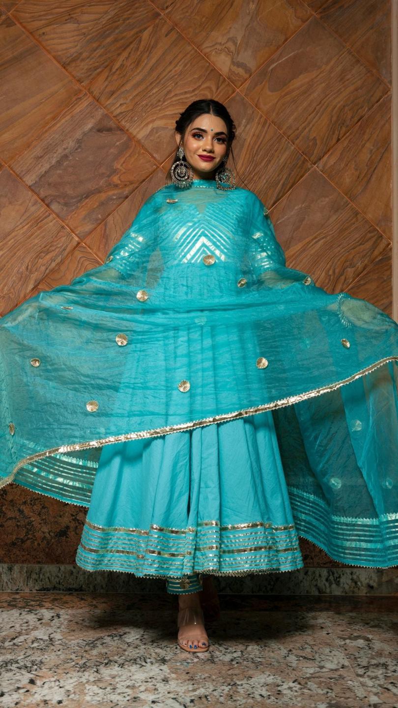 inayat-anarkali-set-11403159BL, Women Indian Ethnic Clothing, Cotton Kurta Set Dupatta