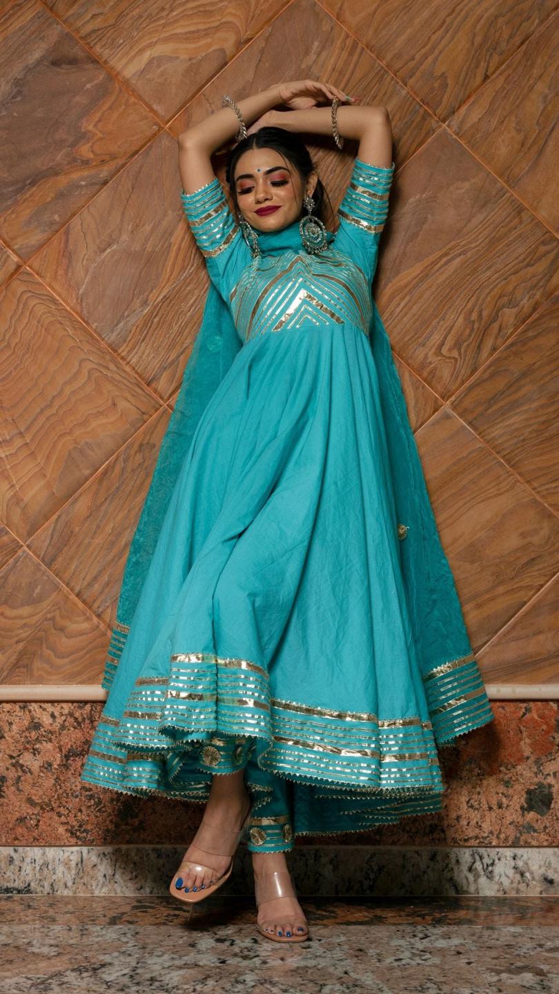inayat-anarkali-set-11403159BL, Women Indian Ethnic Clothing, Cotton Kurta Set Dupatta