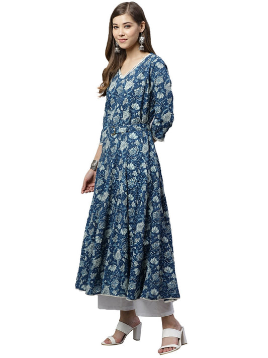 indigo-flaired-kurta-with-belt-10001011BL, Women Indian Ethnic Clothing, Cotton Kurta