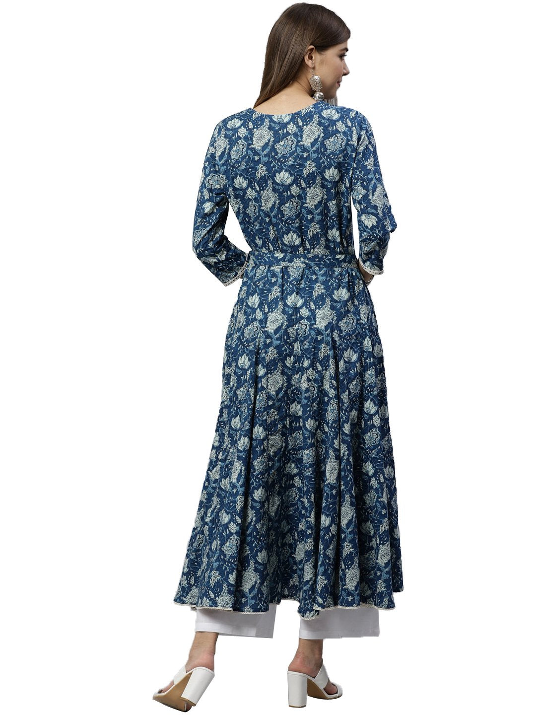 indigo-flaired-kurta-with-belt-10001011BL, Women Indian Ethnic Clothing, Cotton Kurta
