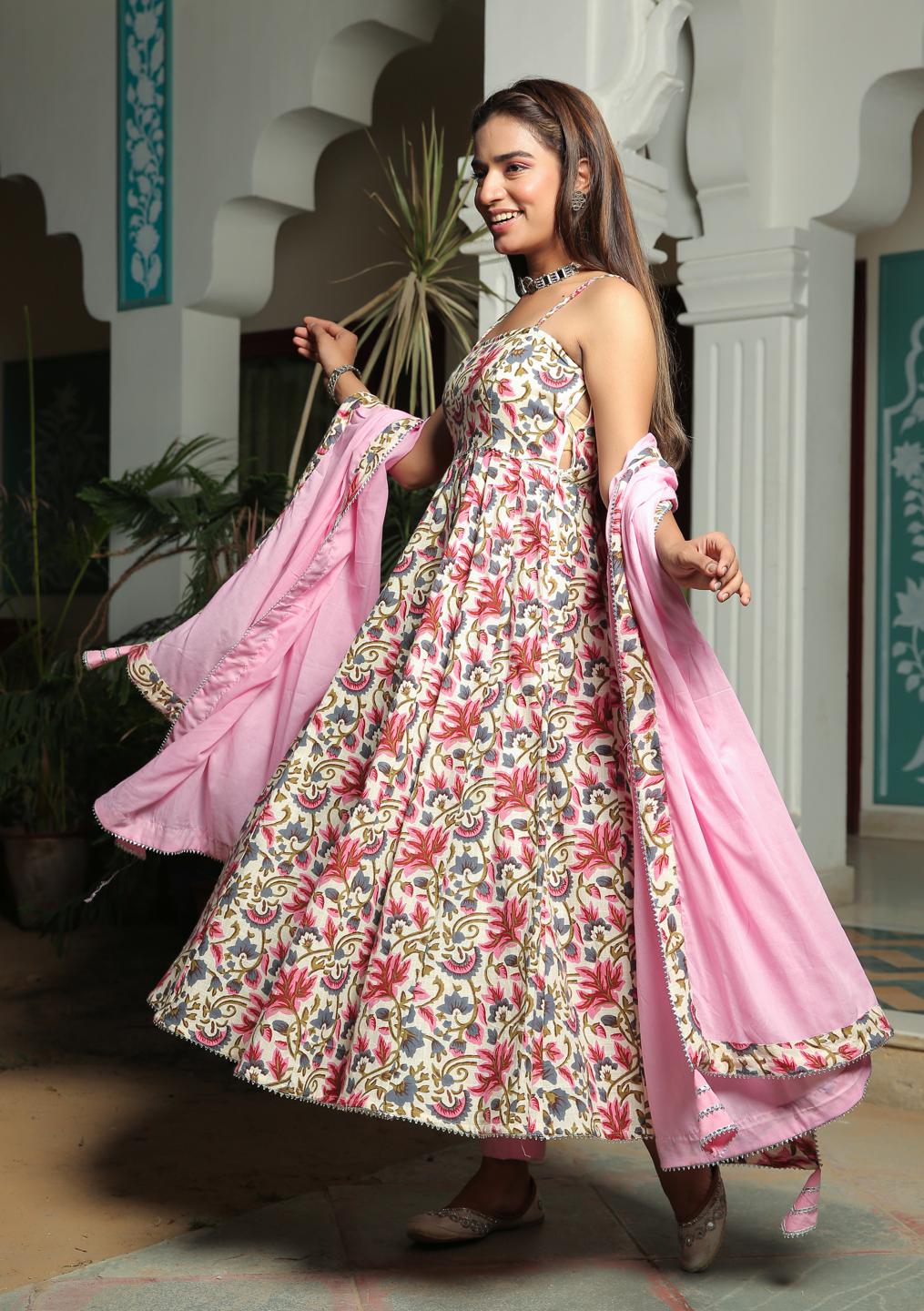 ivory-floral-anarkali-suit-with-baby-pink-dupatta-set-11703067WH, Women Indian Ethnic Clothing, Cotton Kurta Set Dupatta