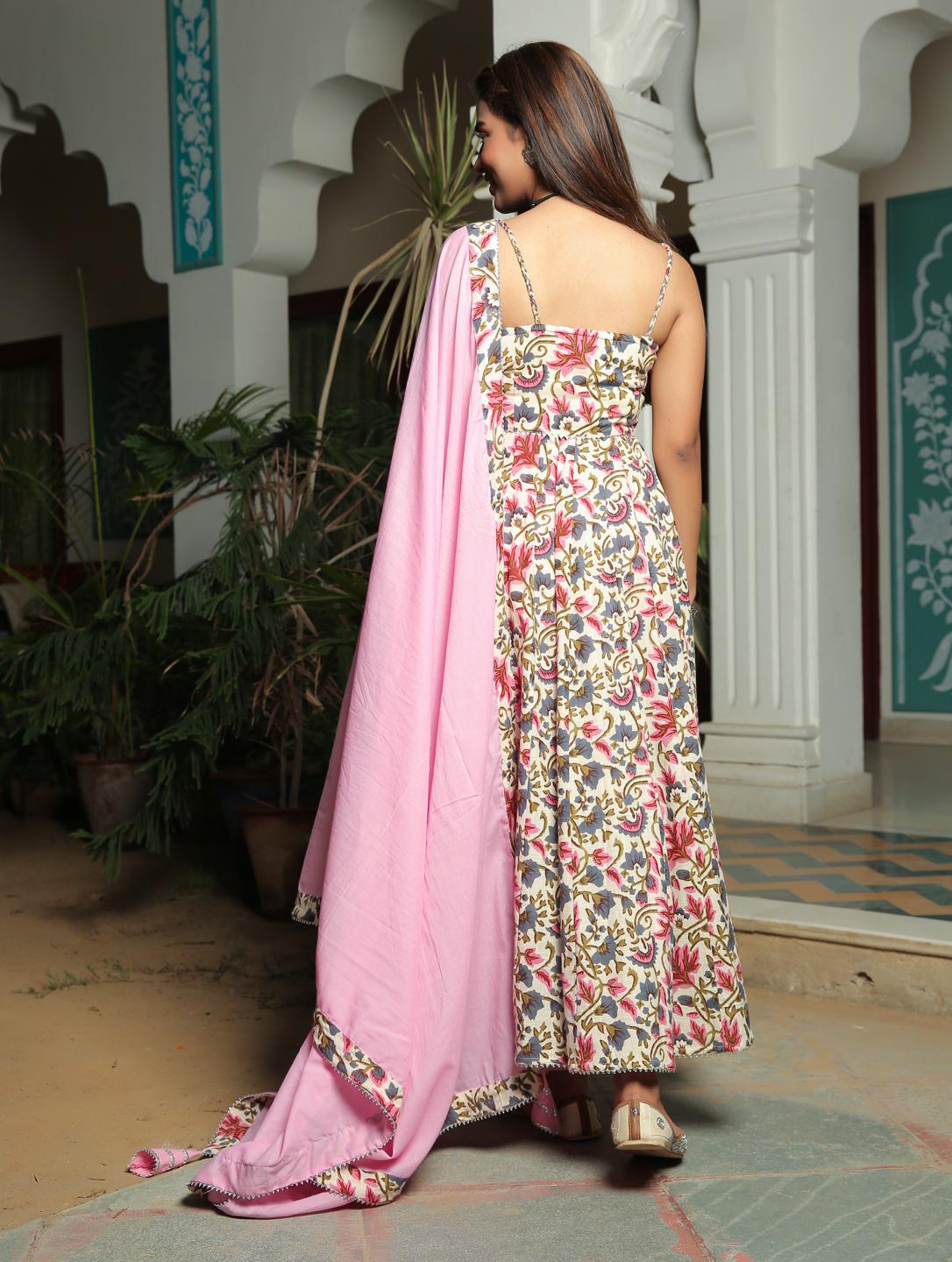 ivory-floral-anarkali-suit-with-baby-pink-dupatta-set-11703067WH, Women Indian Ethnic Clothing, Cotton Kurta Set Dupatta