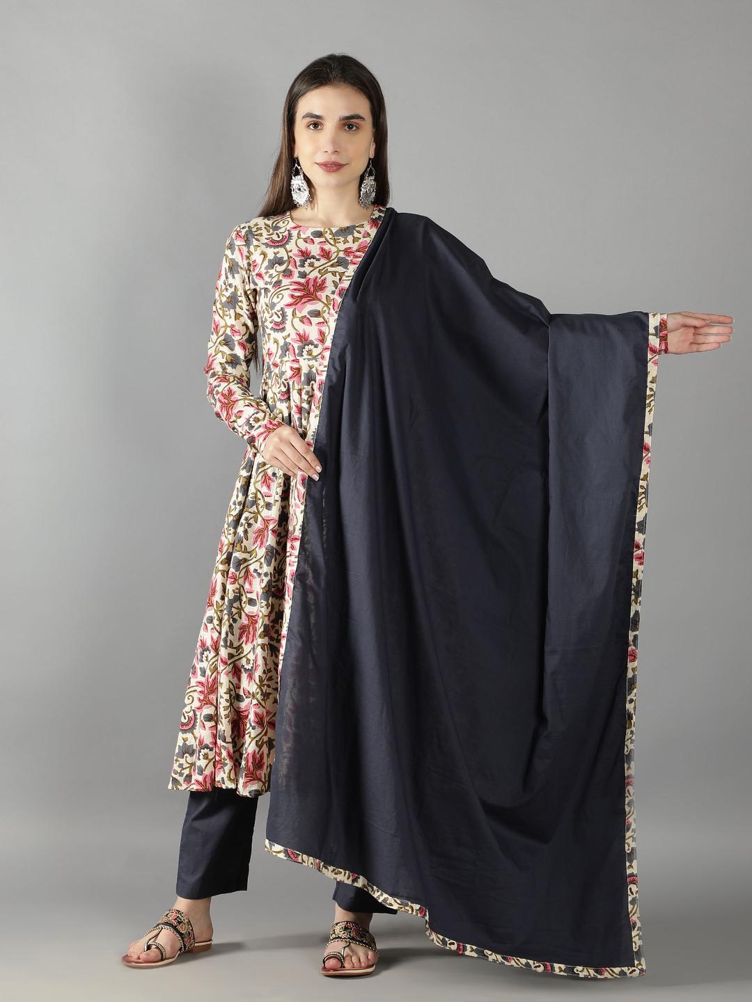 ivory-floral-print-anarkali-suit-set-paired-with-blue-pansy-dupatta-11703137WH, Women Indian Ethnic Clothing, Cotton Kurta Set Dupatta