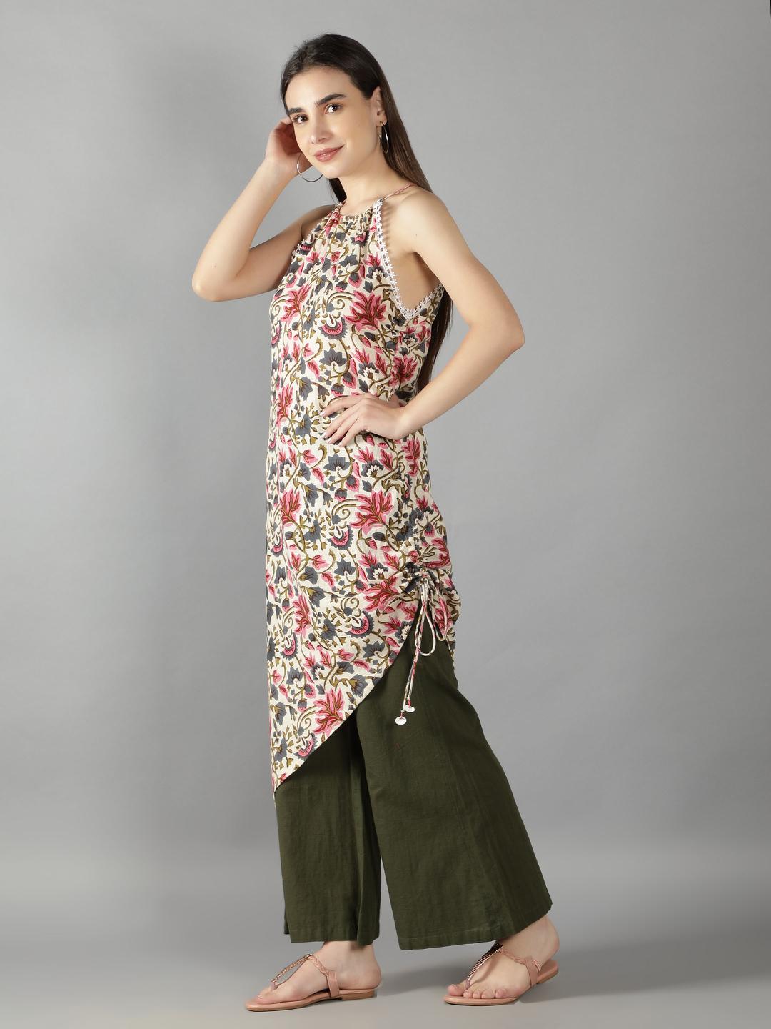 ivory-floral-print-halter-neck-assymetrical-kurta-with-flared-pant-11702125WH, Women Indian Ethnic Clothing, Cotton Kurta Set