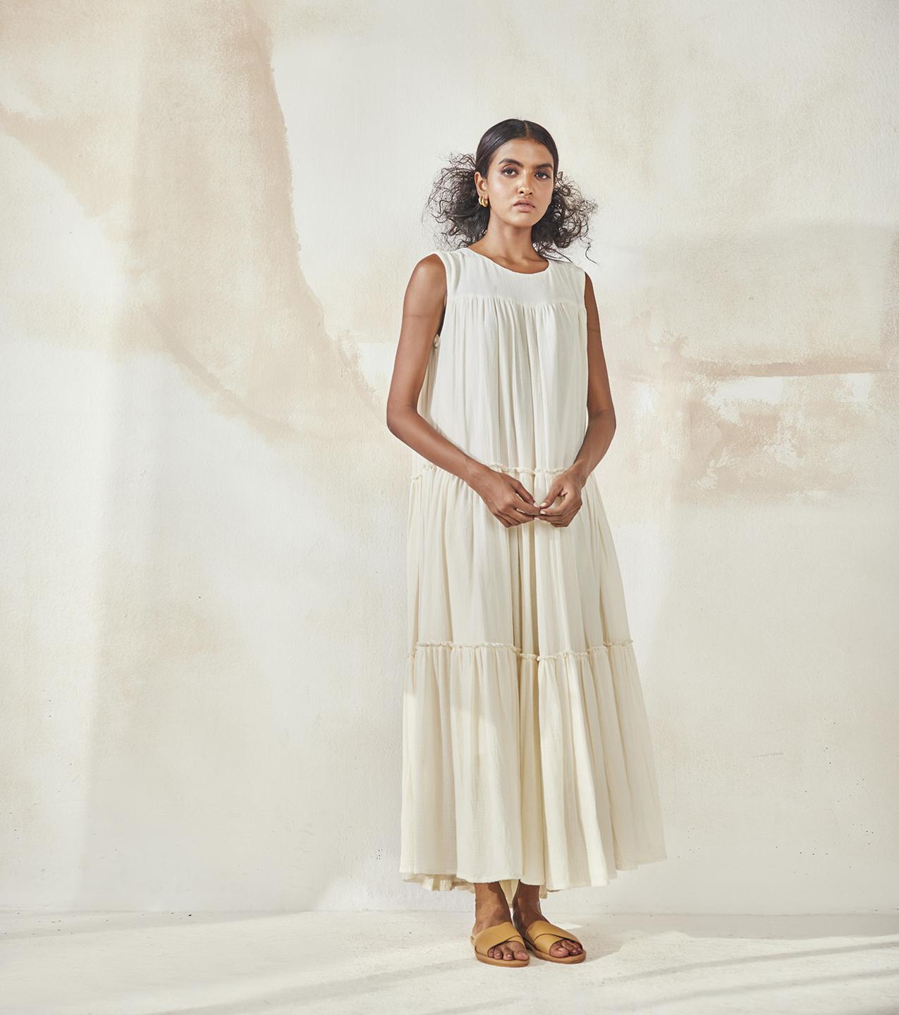 ivory-white-cotton-tiered-dress-11904073WH, Women Clothing, Cotton Dress