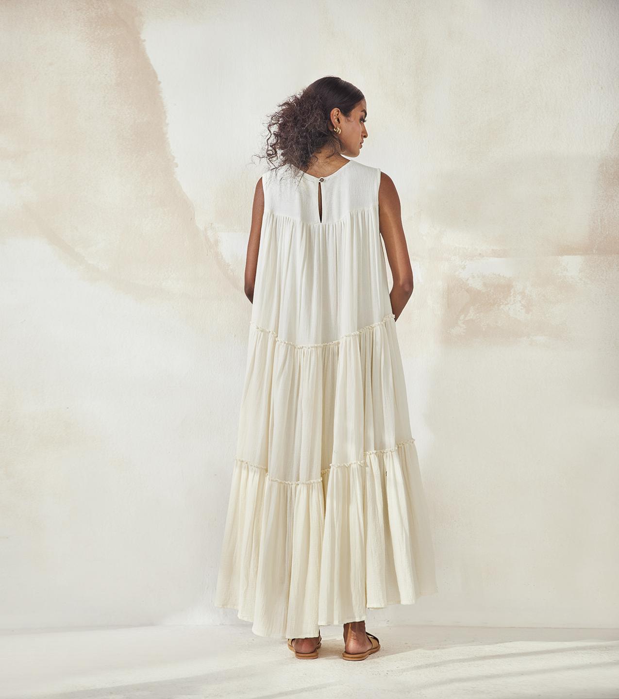 ivory-white-cotton-tiered-dress-11904073WH, Women Clothing, Cotton Dress