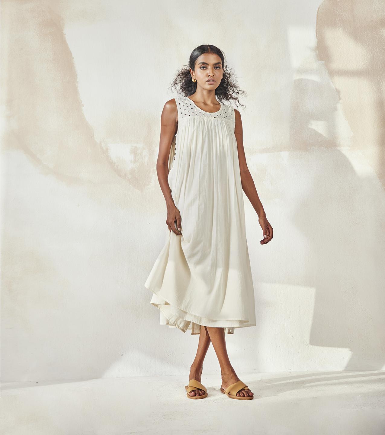 ivory-white-mulmul-dress-with-side-button-detailing-11904071WH, Women Clothing, Mulmul Dress