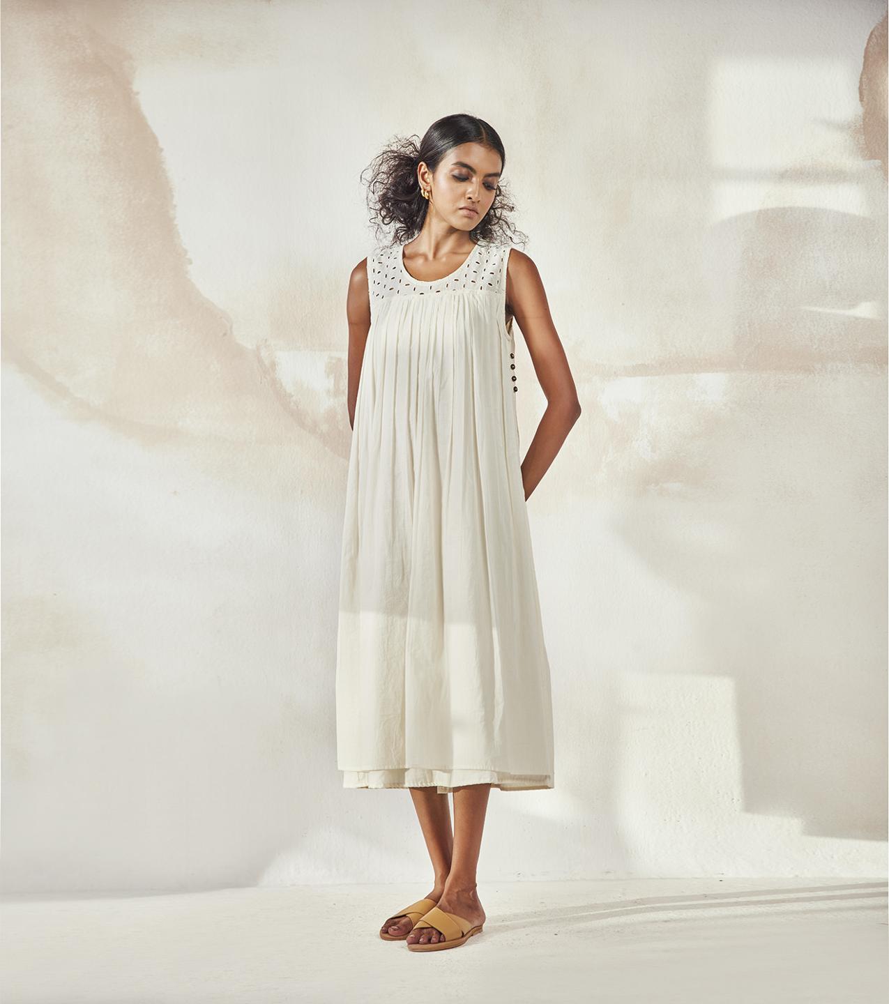 ivory-white-mulmul-dress-with-side-button-detailing-11904071WH, Women Clothing, Mulmul Dress