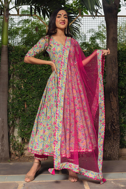 jaipuri-hand-block-cotton-anarkali-set-11403152GR, Women Indian Ethnic Clothing, Cotton Kurta Set Dupatta
