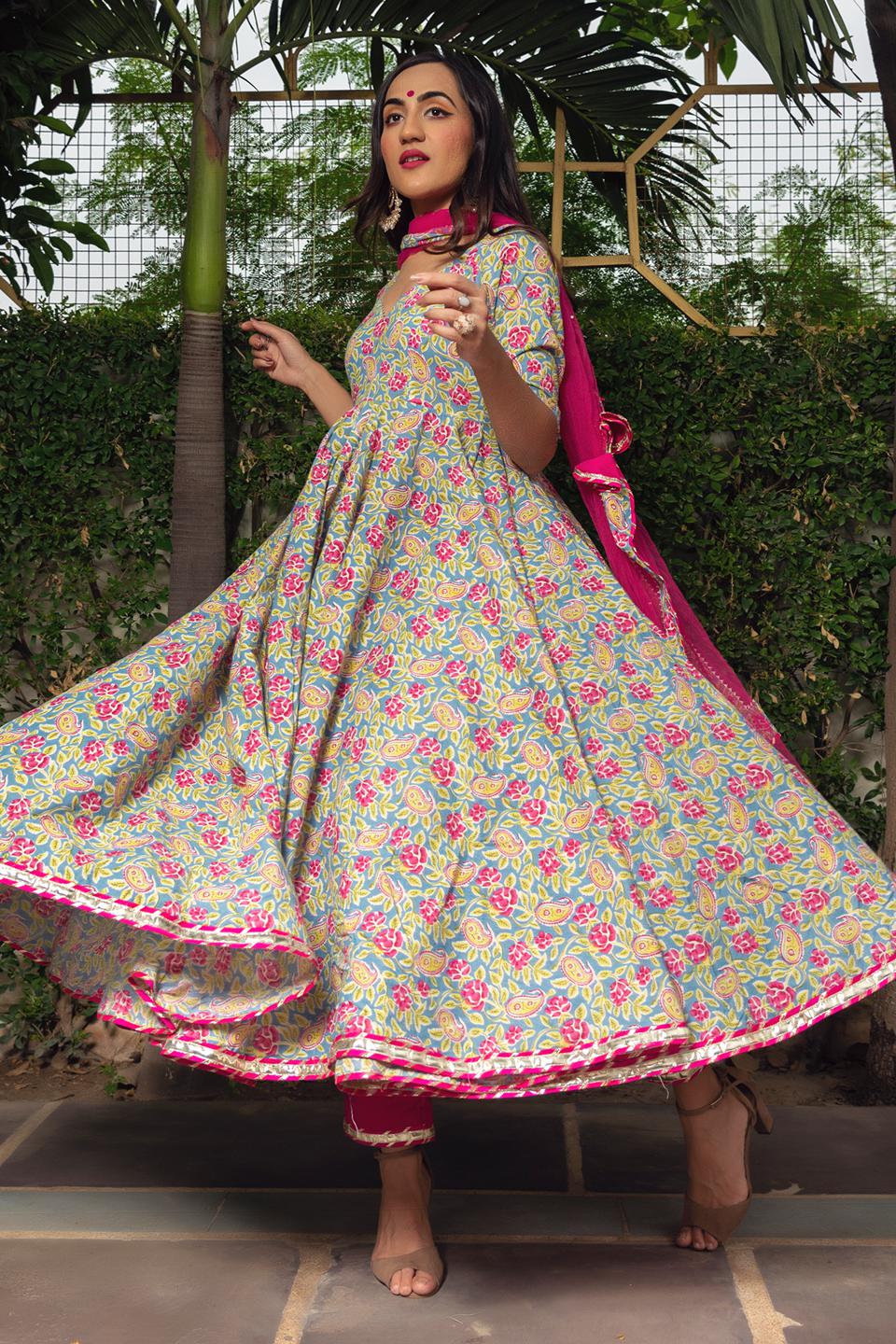 jaipuri-hand-block-cotton-anarkali-set-11403152GR, Women Indian Ethnic Clothing, Cotton Kurta Set Dupatta