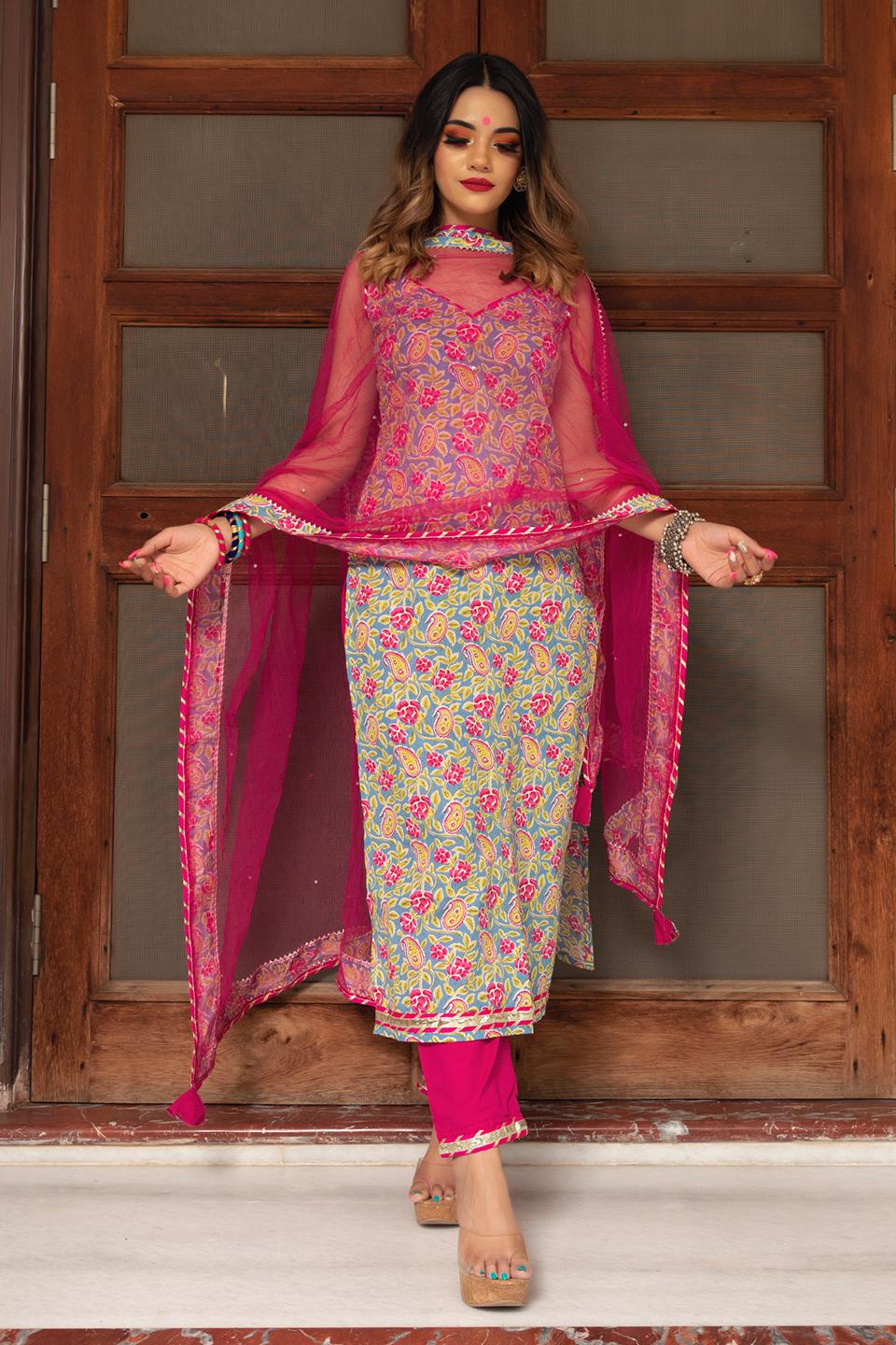jaipuri-straight-cotton-suit-set-11403153GR, Women Indian Ethnic Clothing, Cotton Kurta Set Dupatta