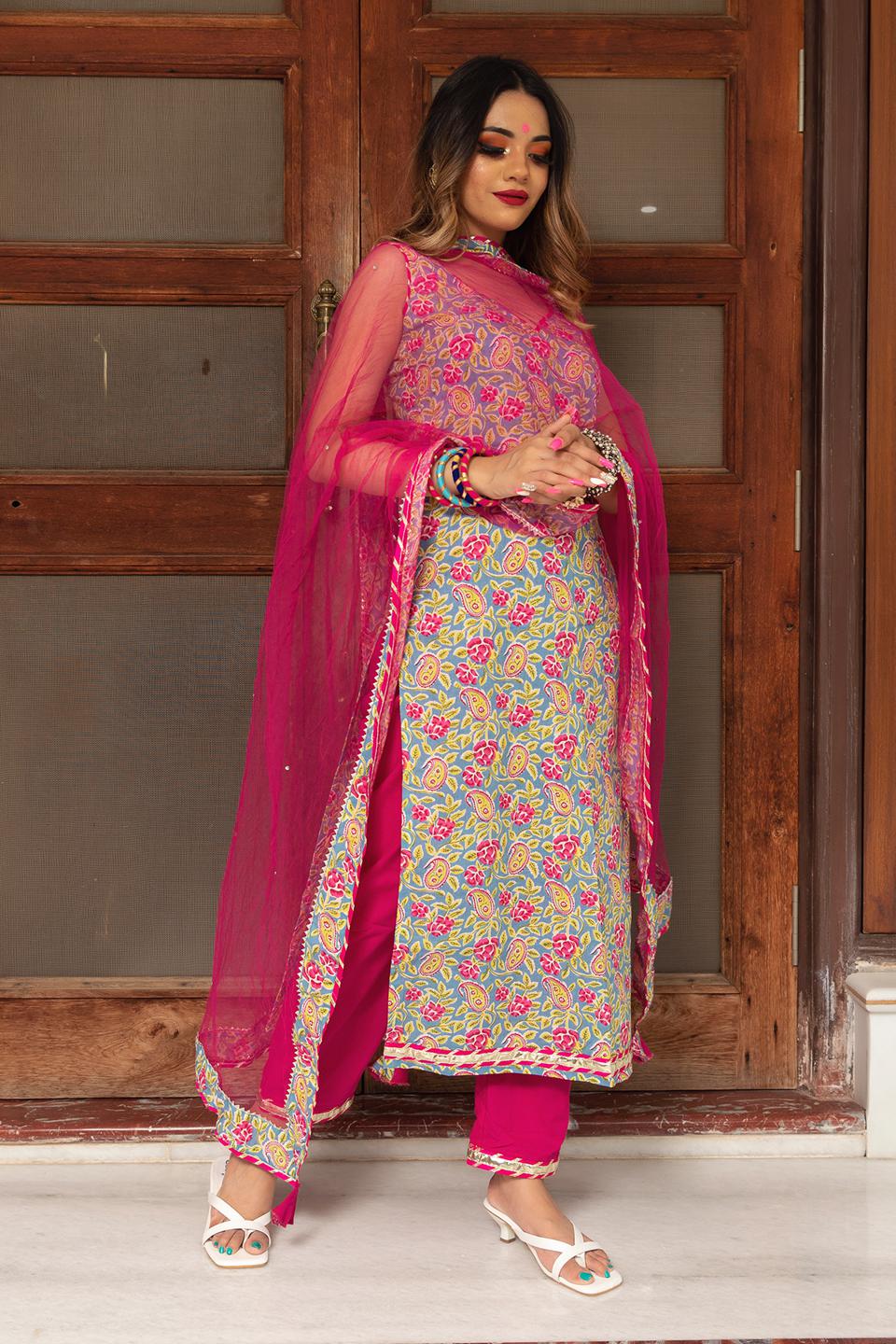 jaipuri-straight-cotton-suit-set-11403153GR, Women Indian Ethnic Clothing, Cotton Kurta Set Dupatta