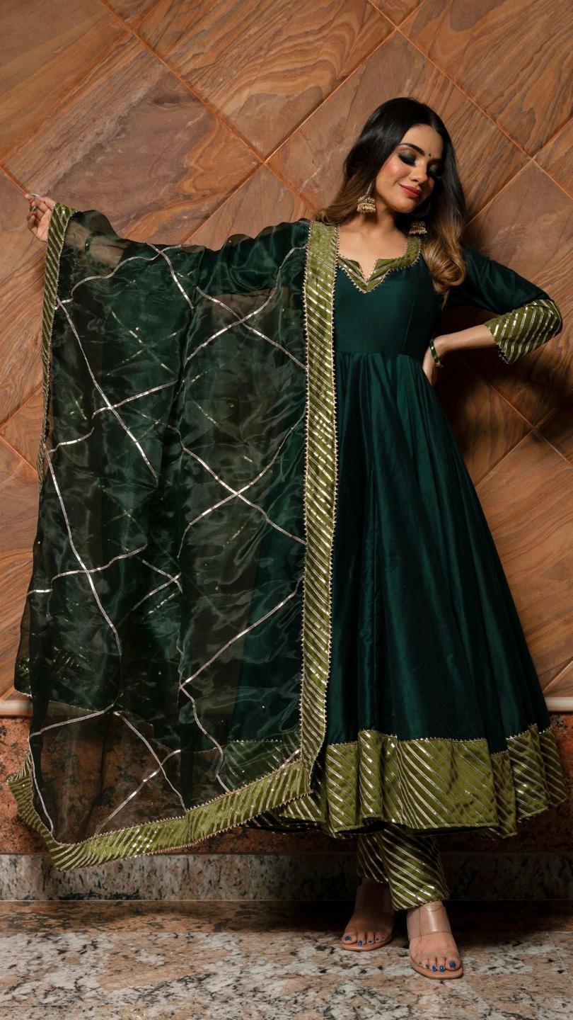 jannat-dark-green-anarkali-set-11403160GR, Women Indian Ethnic Clothing, Cotton Silk Kurta Set Dupatta