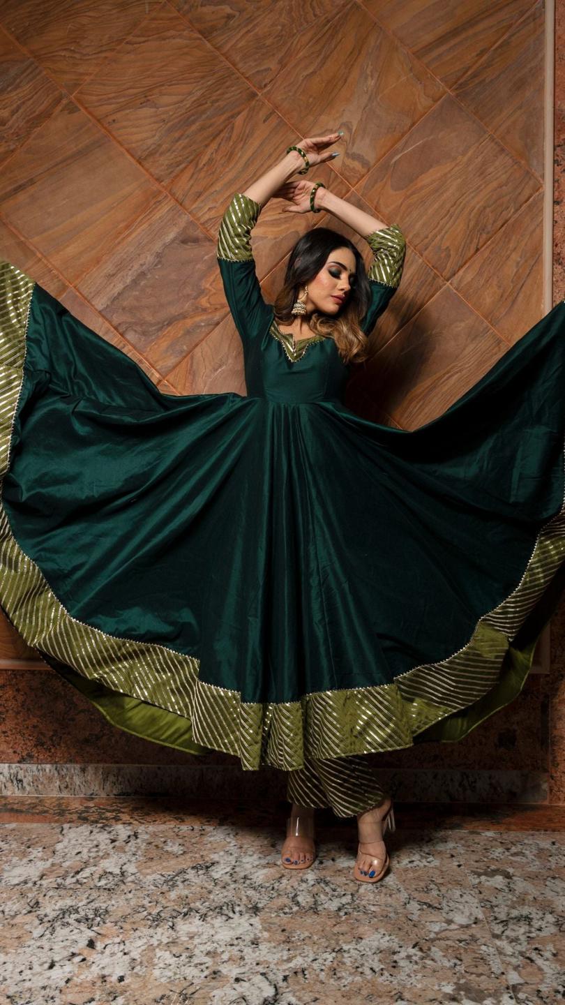 jannat-dark-green-anarkali-set-11403160GR, Women Indian Ethnic Clothing, Cotton Silk Kurta Set Dupatta