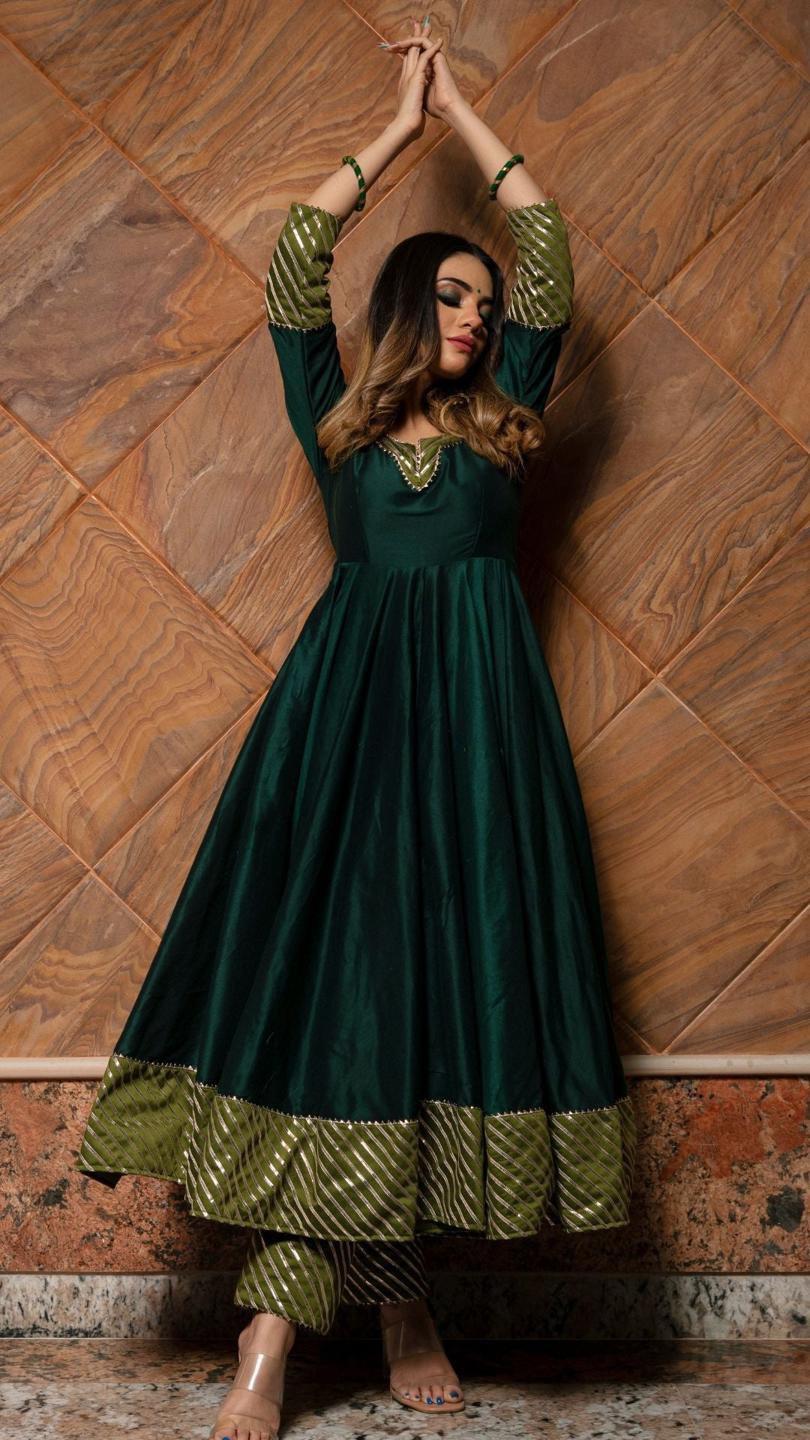 jannat-dark-green-anarkali-set-11403160GR, Women Indian Ethnic Clothing, Cotton Silk Kurta Set Dupatta