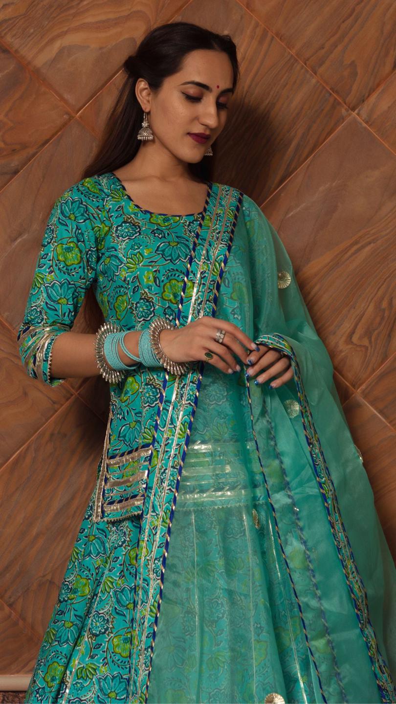 kalakriti-cotton-hand-block-skirt-set-11403178BL, Women Indian Ethnic Clothing, Cotton Kurta Set Dupatta