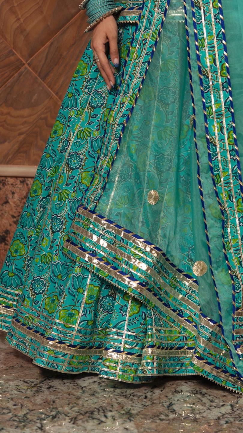 kalakriti-cotton-hand-block-skirt-set-11403178BL, Women Indian Ethnic Clothing, Cotton Kurta Set Dupatta