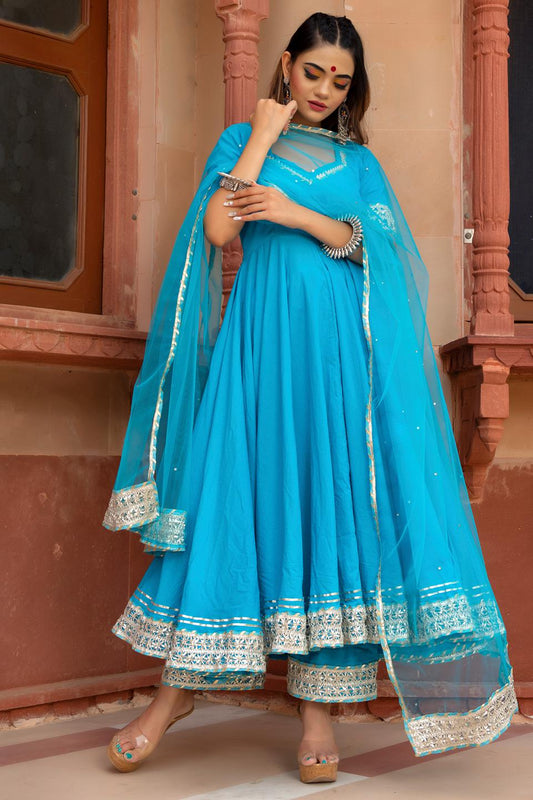 kalamkari-blue-pure-cotton-anarkali-set-11403150BL, Women Indian Ethnic Clothing, Cotton Kurta Set Dupatta