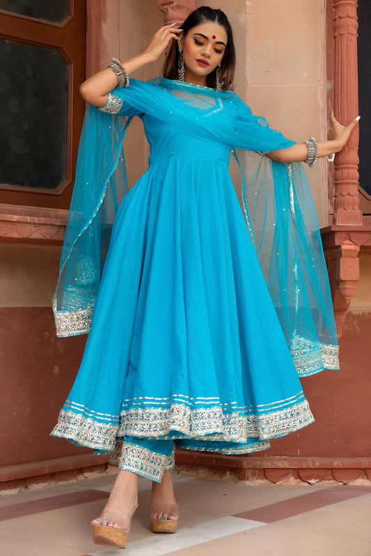 kalamkari-blue-pure-cotton-anarkali-set-11403150BL, Women Indian Ethnic Clothing, Cotton Kurta Set Dupatta