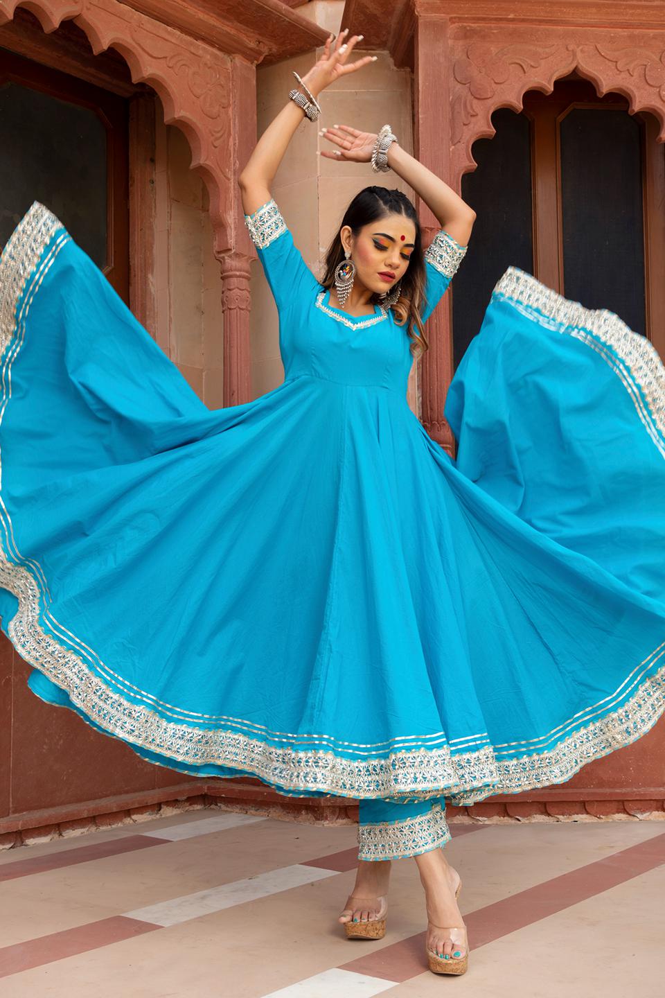kalamkari-blue-pure-cotton-anarkali-set-11403150BL, Women Indian Ethnic Clothing, Cotton Kurta Set Dupatta
