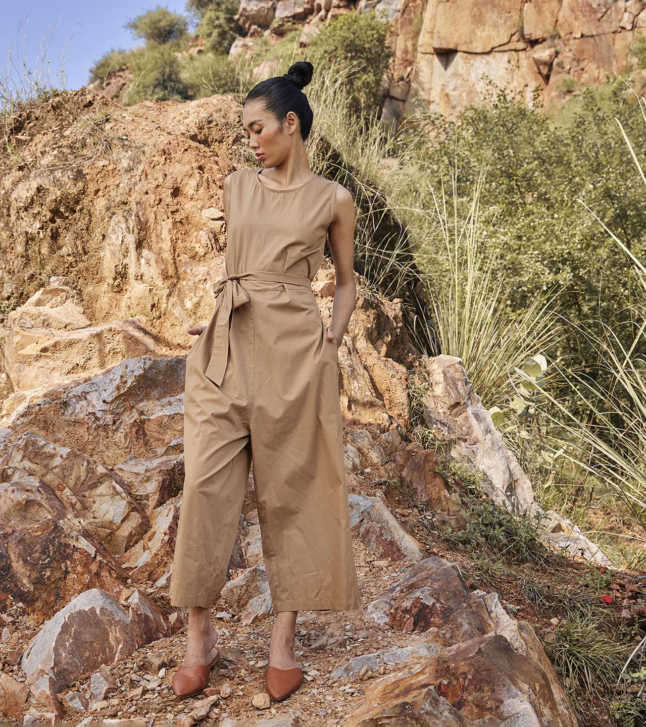 khaki-brown-sleeveless-cotton-poplin-jumpsuit-11924040YL, Women Clothing, Cotton Jumpsuit