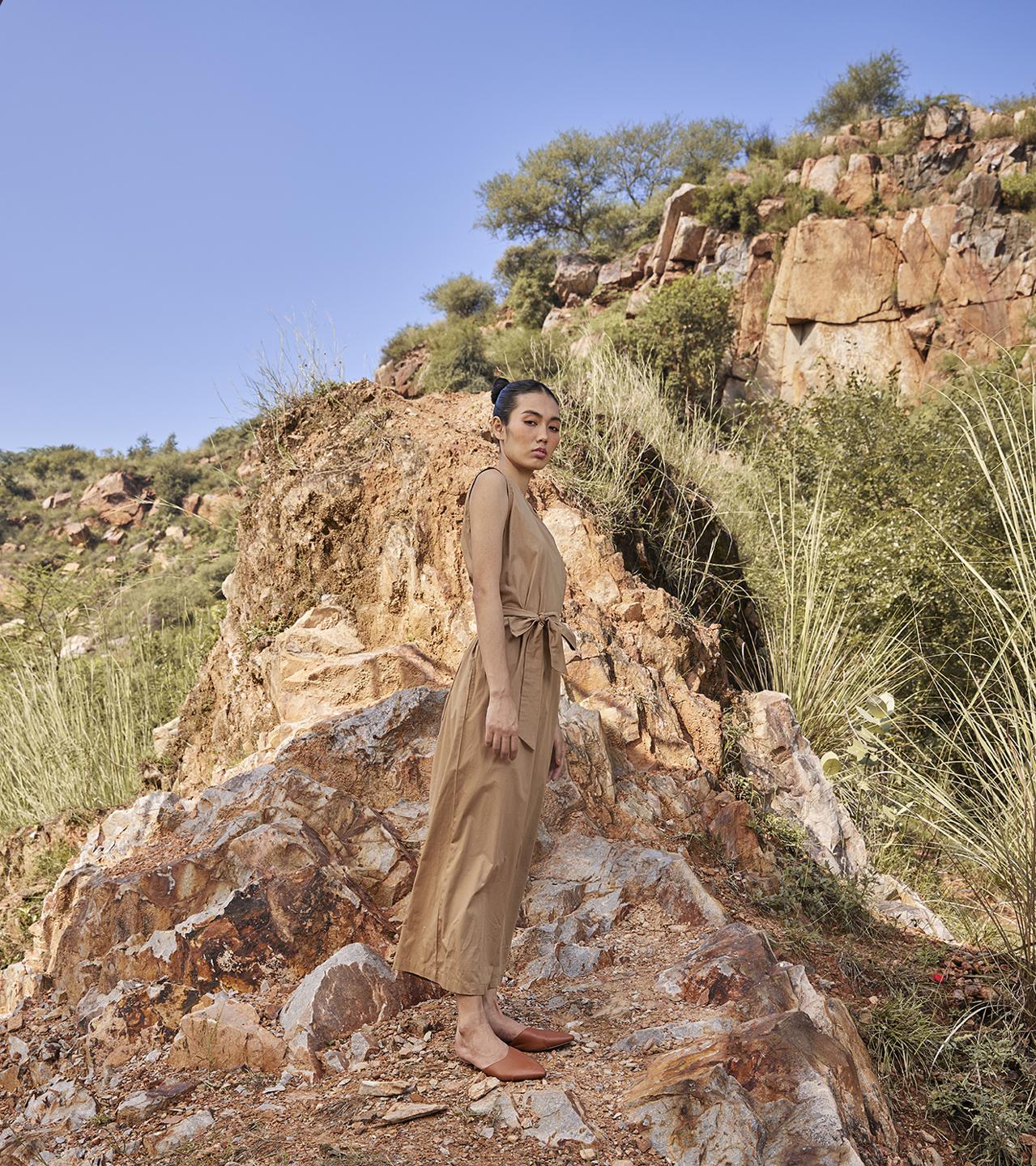 khaki-brown-sleeveless-cotton-poplin-jumpsuit-11924040YL, Women Clothing, Cotton Jumpsuit