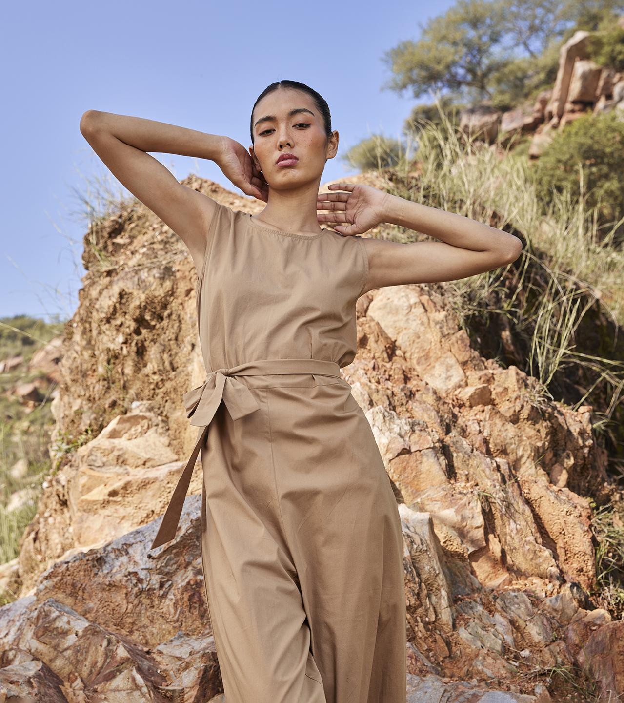 khaki-brown-sleeveless-cotton-poplin-jumpsuit-11924040YL, Women Clothing, Cotton Jumpsuit