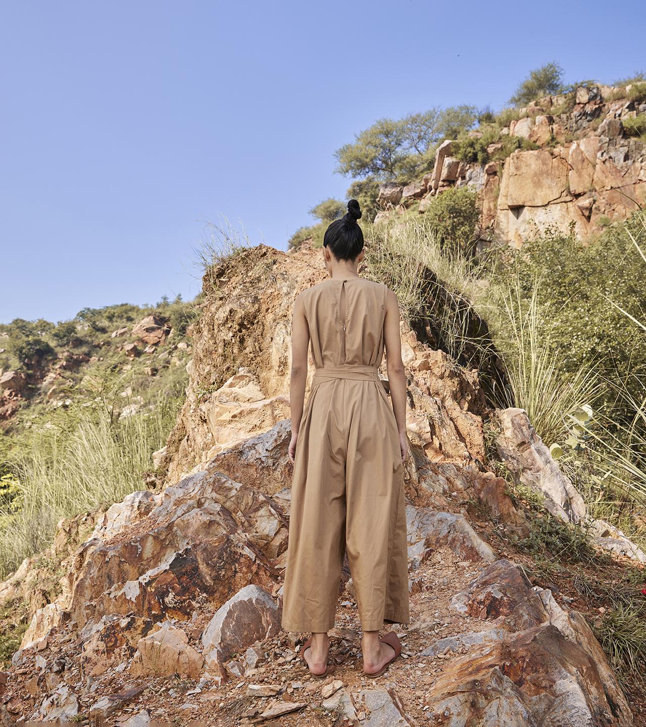 khaki-brown-sleeveless-cotton-poplin-jumpsuit-11924040YL, Women Clothing, Cotton Jumpsuit