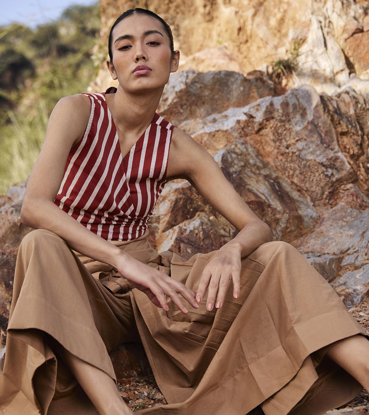 khaki-flared-pleated-cotton-trouser-11905042YL, Women Clothing, Cotton Pant