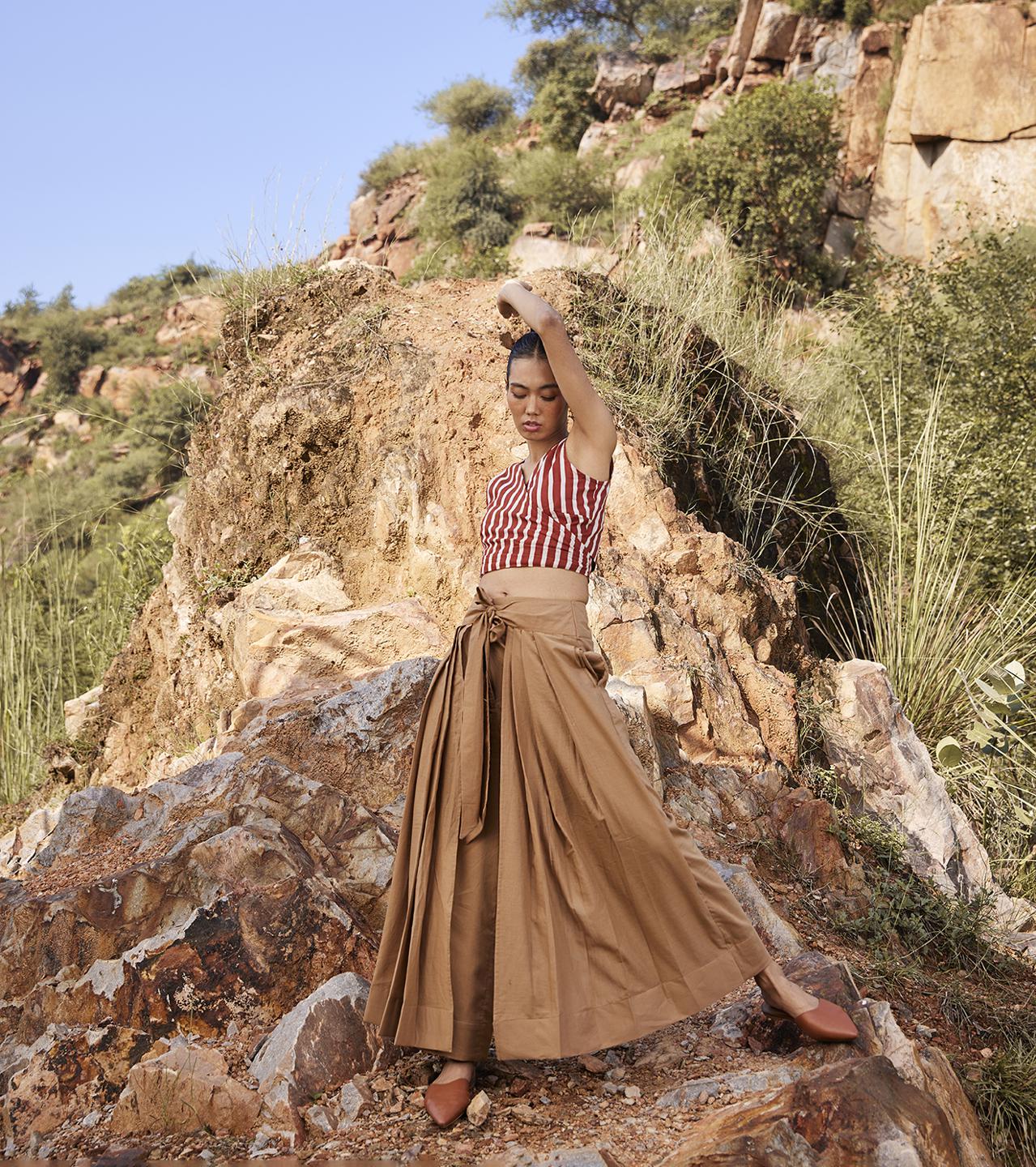 khaki-flared-pleated-cotton-trouser-11905042YL, Women Clothing, Cotton Pant