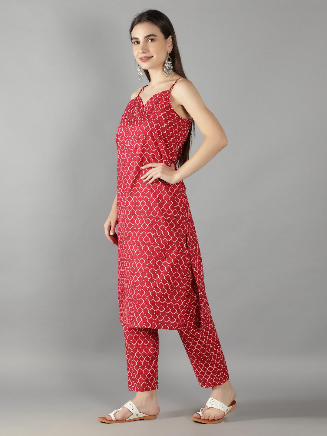 lava-red-geometric-handblock-print-suit-set-paired-with-lurex-cotton-dupatta-11703135RD, Women Indian Ethnic Clothing, Cotton Kurta Set Dupatta
