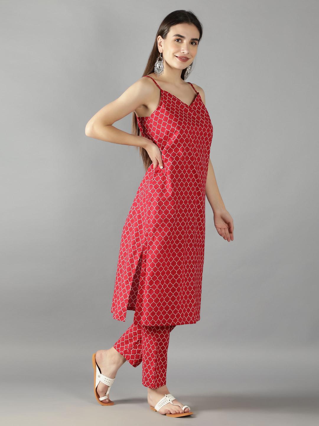 lava-red-geometric-handblock-print-suit-set-paired-with-lurex-cotton-dupatta-11703135RD, Women Indian Ethnic Clothing, Cotton Kurta Set Dupatta
