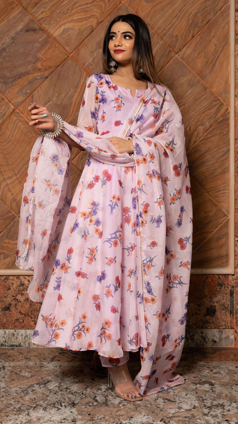 lavender-gangaur-printed-organza-anarkali-11403166PR, Women Indian Ethnic Clothing, Cotton Kurta Set Dupatta