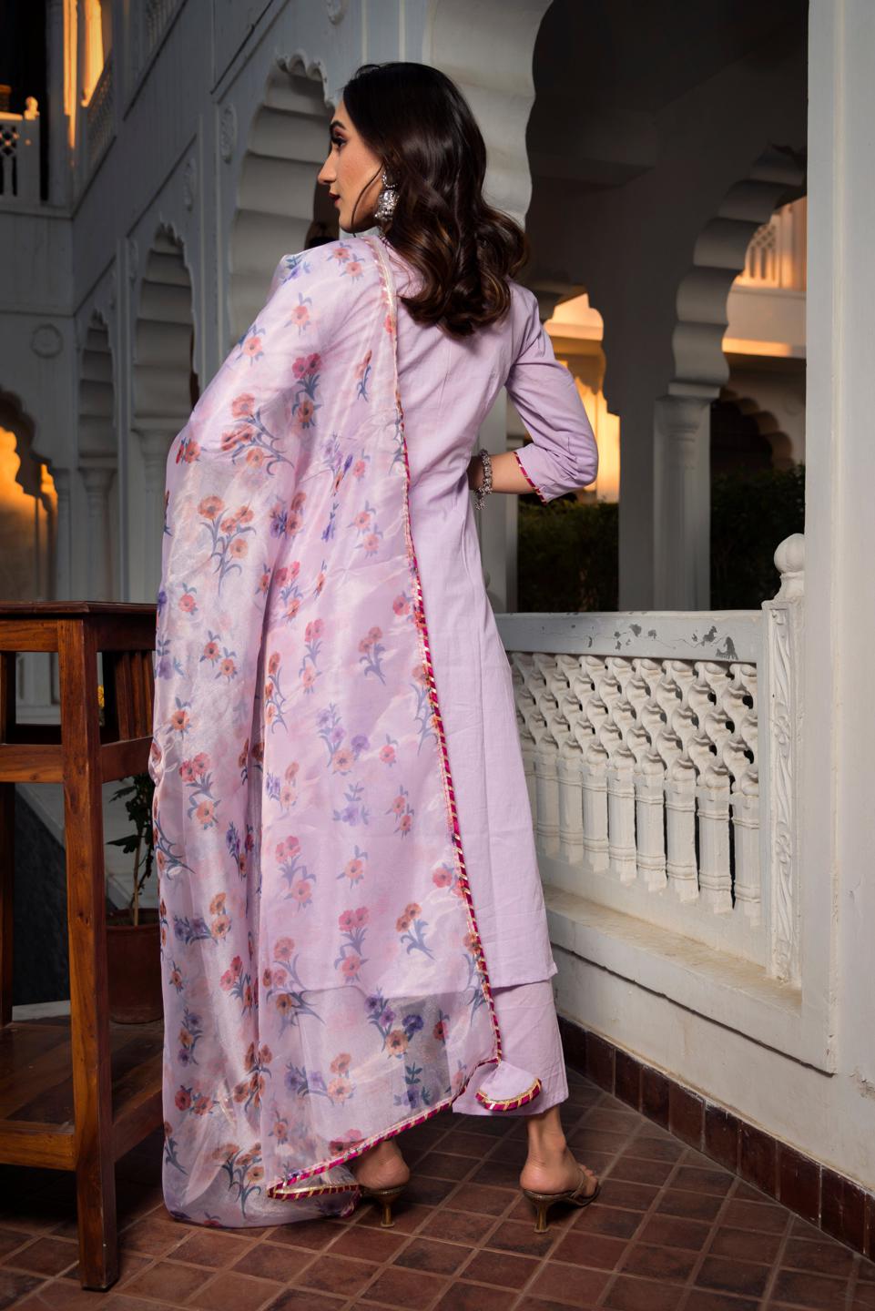 lavender-pure-cotton-straight-kurta-11403133PR, Women Indian Ethnic Clothing, Cotton Kurta Set Dupatta