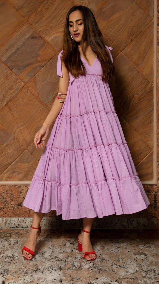 lavender-pure-cotton-tiered-dress-11404169PR, Women Clothing, Cotton Dress