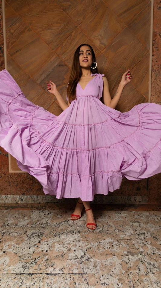 lavender-pure-cotton-tiered-dress-11404169PR, Women Clothing, Cotton Dress