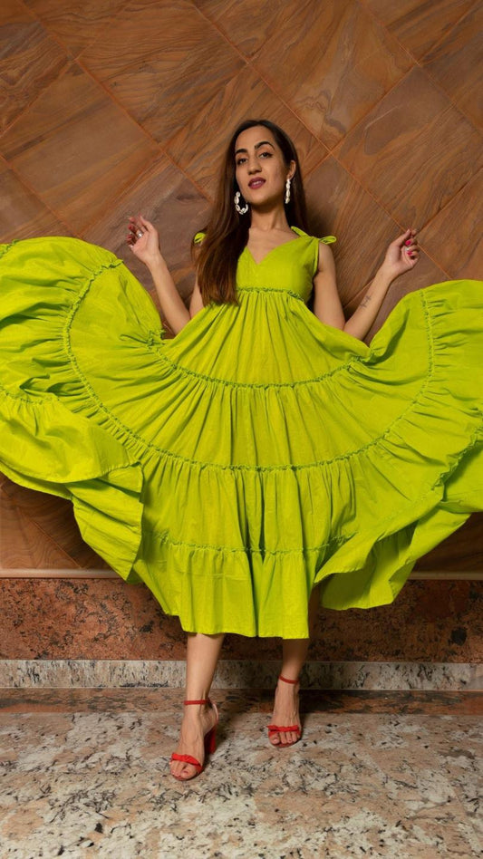 lawn-green-pure-cotton-tiered-dress-11404168GR, Women Clothing, Cotton Dress