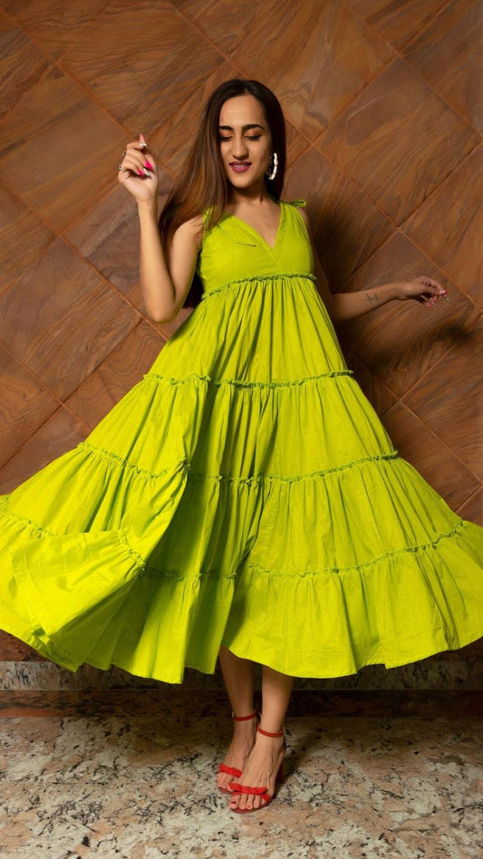 lawn-green-pure-cotton-tiered-dress-11404168GR, Women Clothing, Cotton Dress