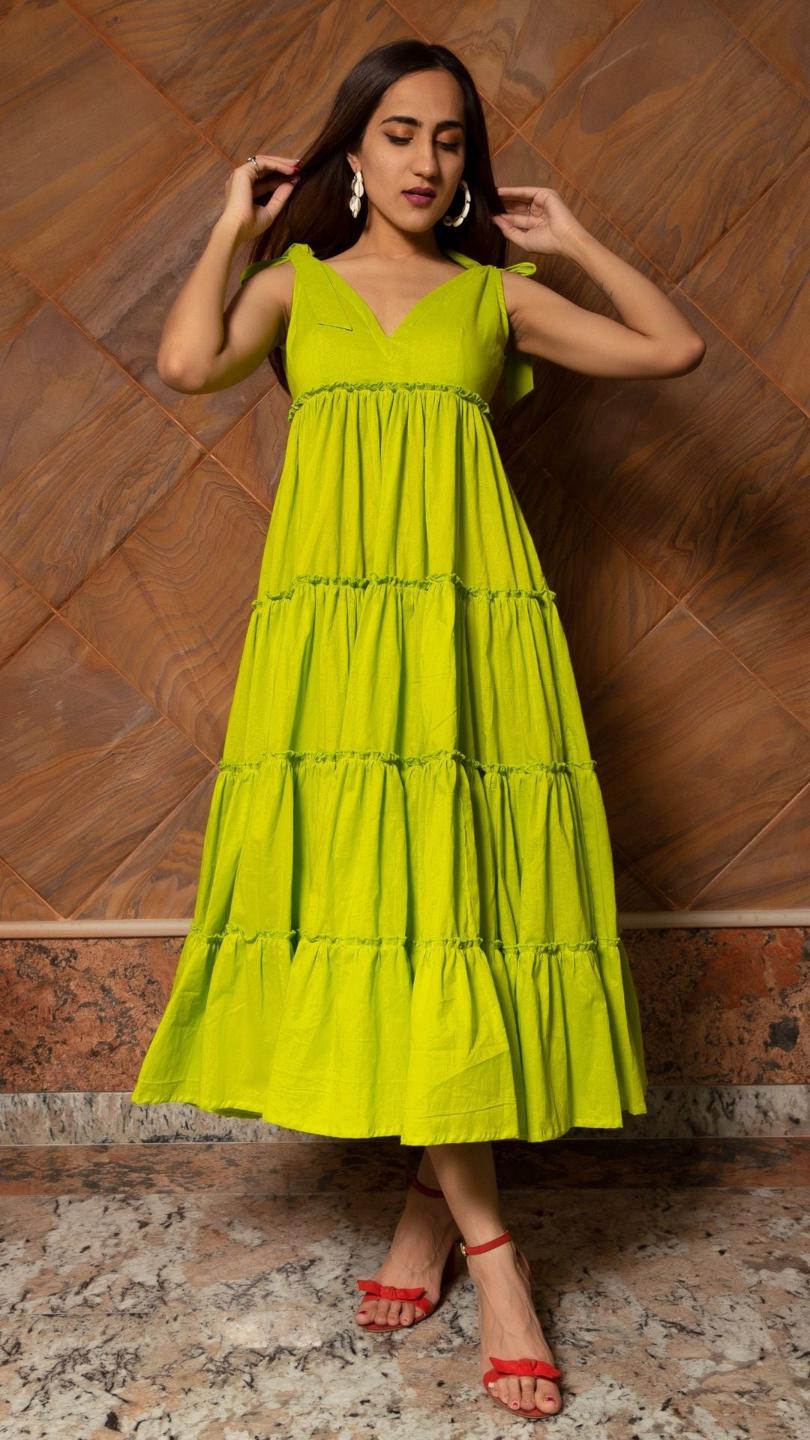 lawn-green-pure-cotton-tiered-dress-11404168GR, Women Clothing, Cotton Dress