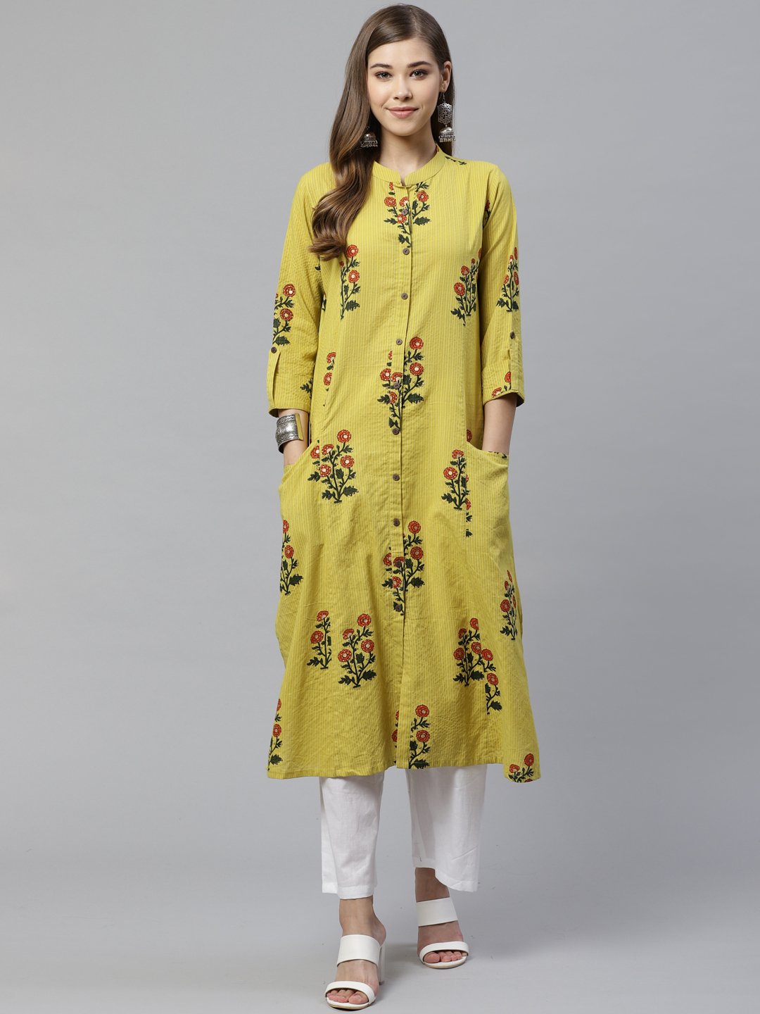 lemon-yellow-straight-cotton-kurta-10001006YL, Women Indian Ethnic Clothing, Cotton Kurta
