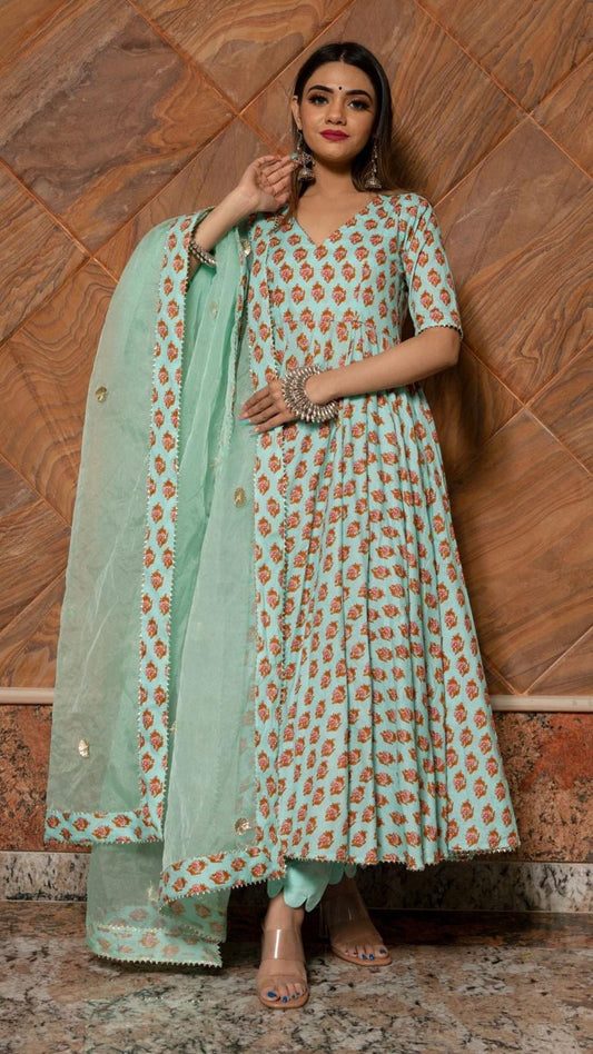 lilly-of-valley-hand-block-anarkali-set-11403165BL, Women Indian Ethnic Clothing, Cotton Kurta Set Dupatta