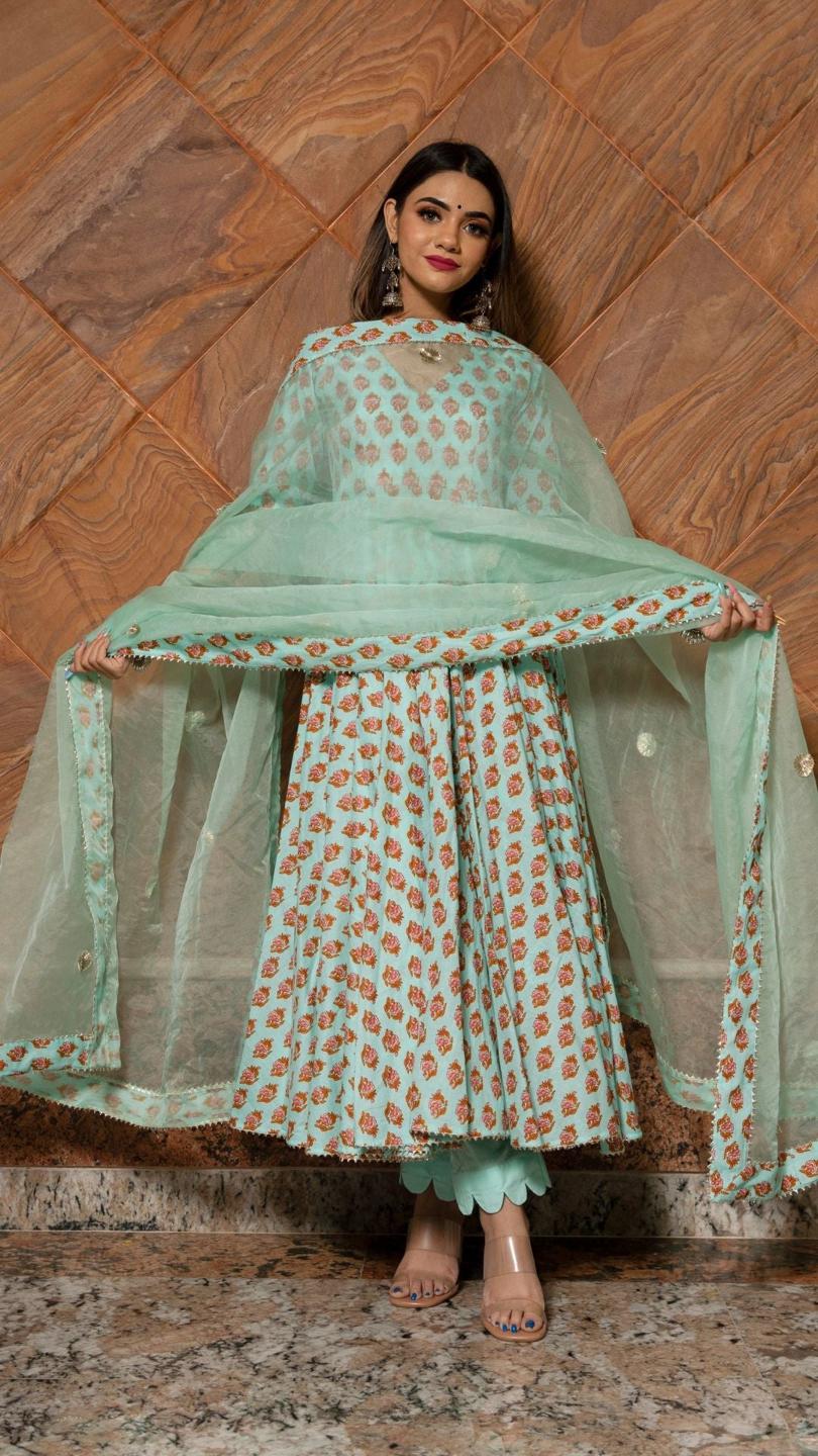 lilly-of-valley-hand-block-anarkali-set-11403165BL, Women Indian Ethnic Clothing, Cotton Kurta Set Dupatta